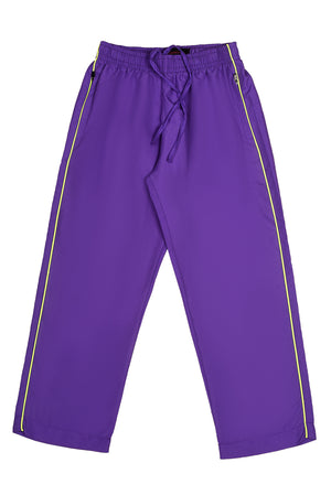 Girls' purple pull-on trousers with drawstring and neon side stripe