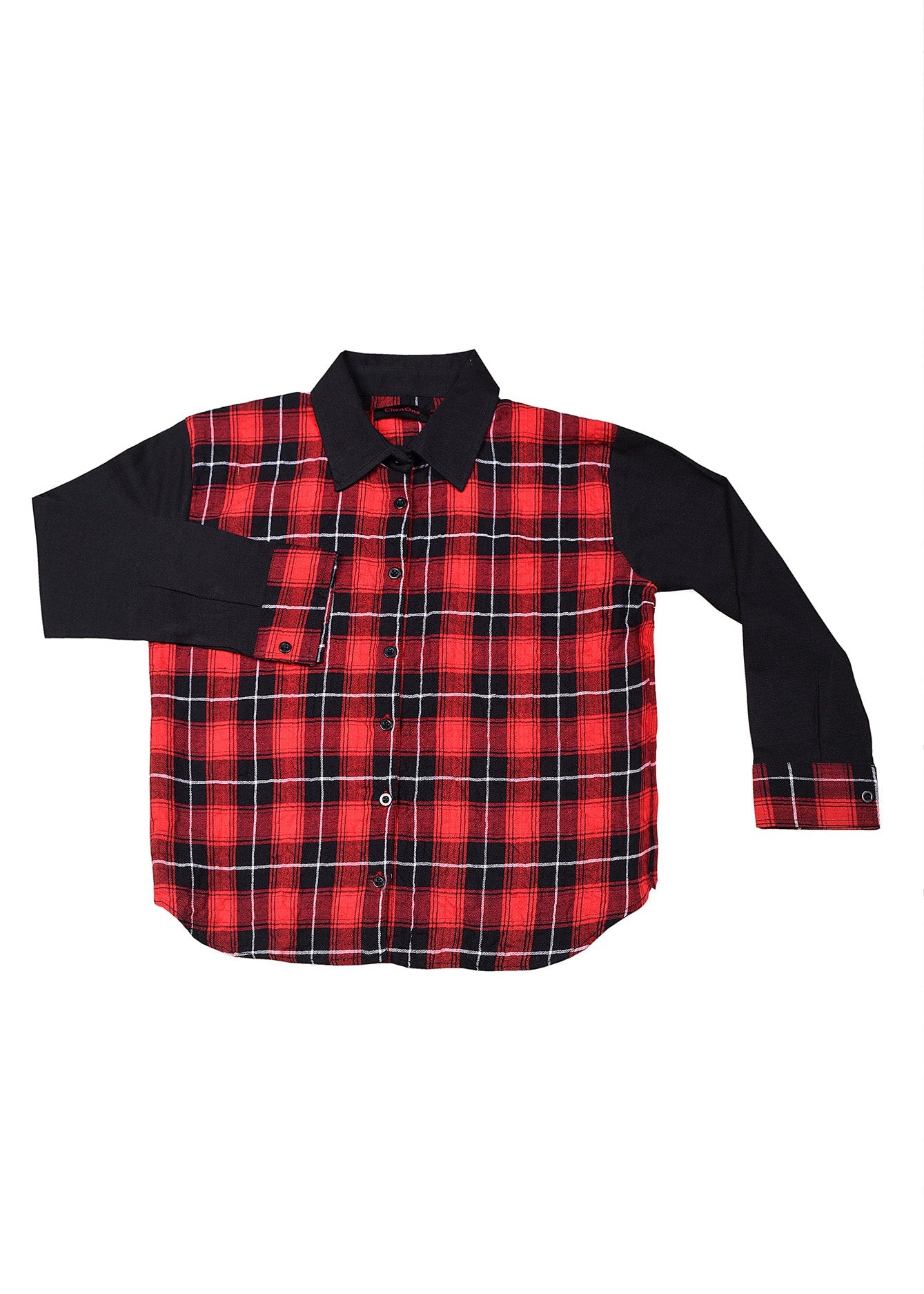 Girls red plaid button-up shirt with black long sleeves, front with collar