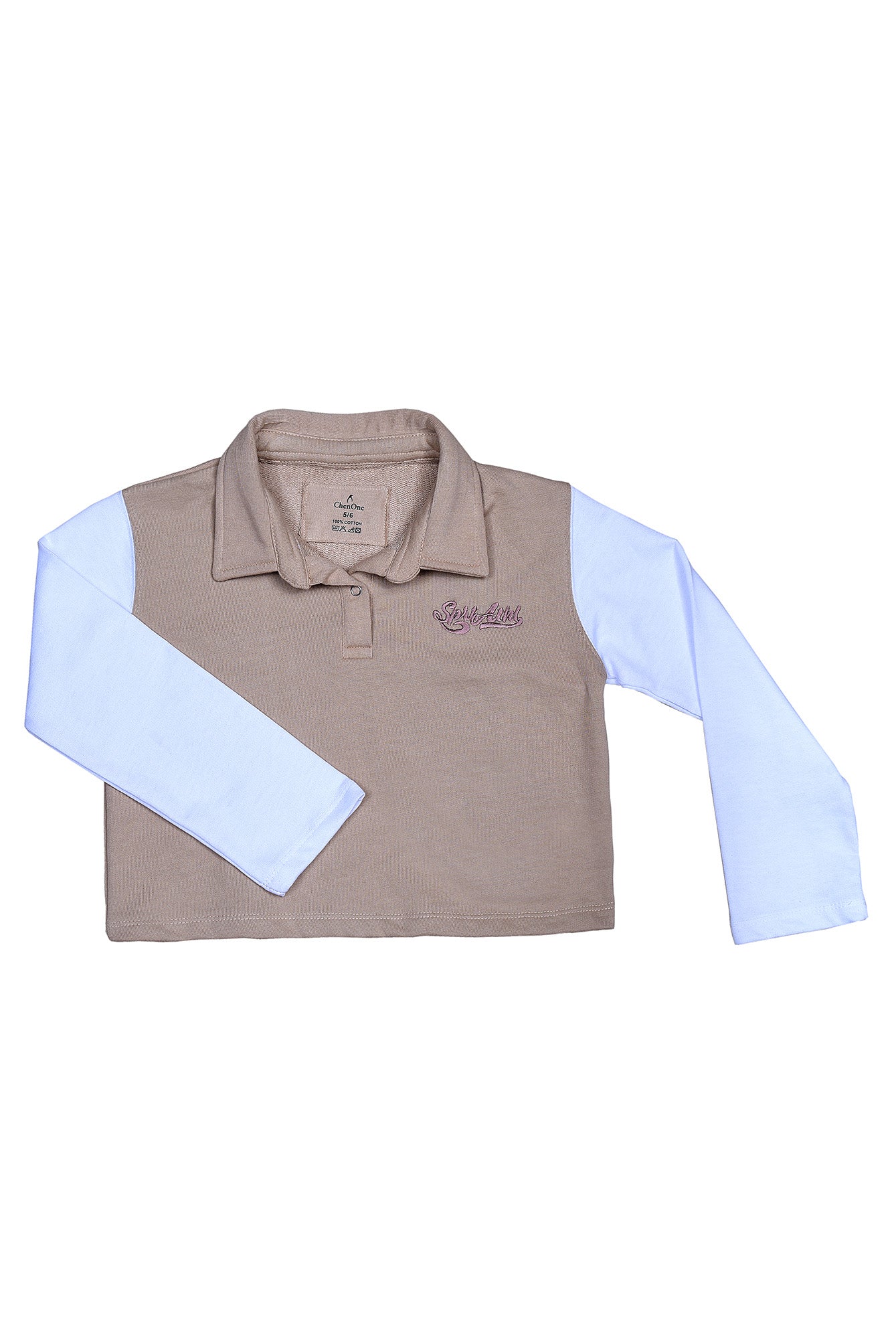 Girls' two-tone sweatshirt, beige body with light sleeves, collared neckline and small chest logo