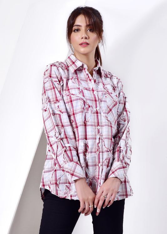 Picture of LDS-6489 SHIRT CASUAL MAROON CHECK - Chenone Official - Online Shopping