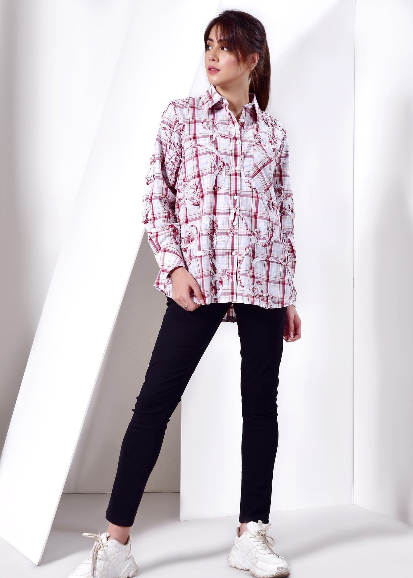 Picture of LDS-6489 SHIRT CASUAL MAROON CHECK - Chenone Official - Online Shopping