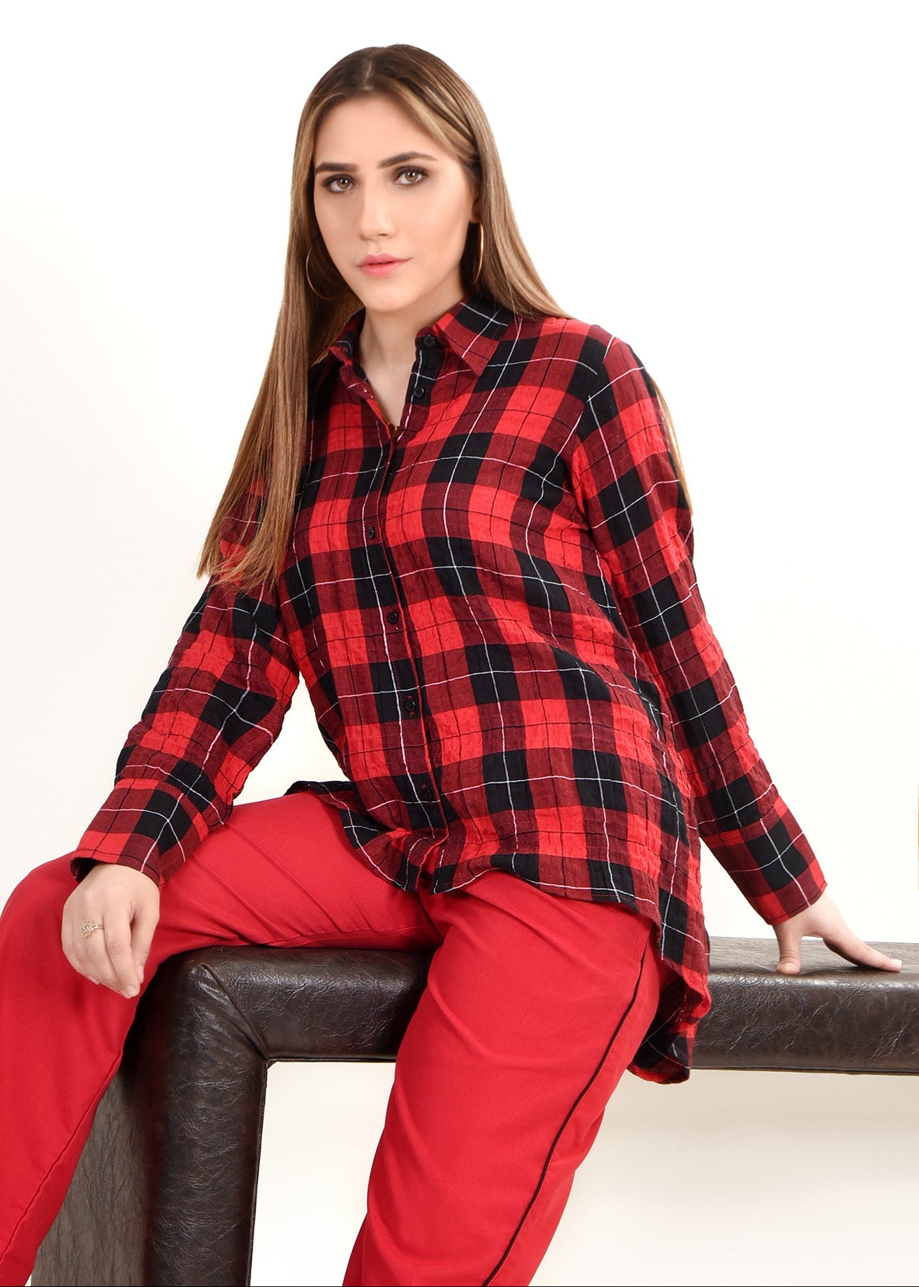 Picture of LDS-6490 WESTERN SHIRT CASUAL RED CHECK - Chenone Official - Online Shopping