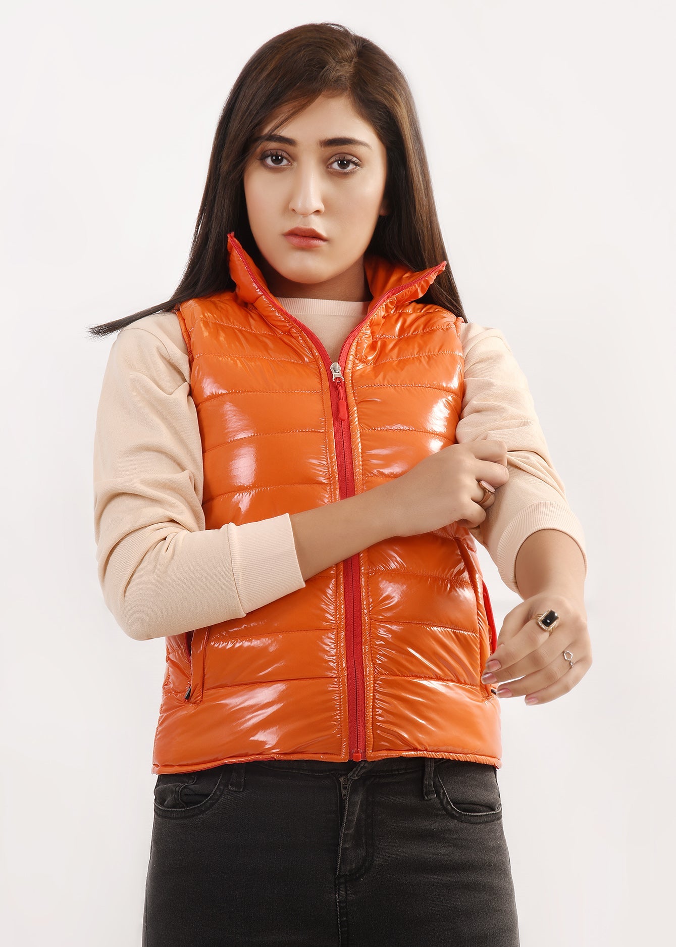 Picture of LDS-6494 FASHION JACKET SLV LESS ORANGE/RED - Chenone Official - Online Shopping