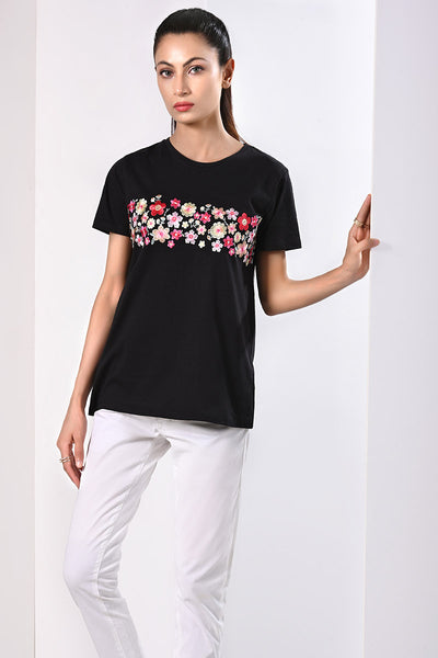 ROUND NECK EMBROIDERED T-SHIRT BLACK LDS-A1604