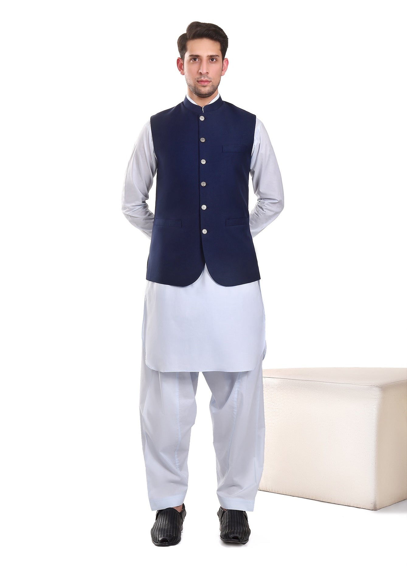 Navy button-front sleeveless waist coat vest with stand collar