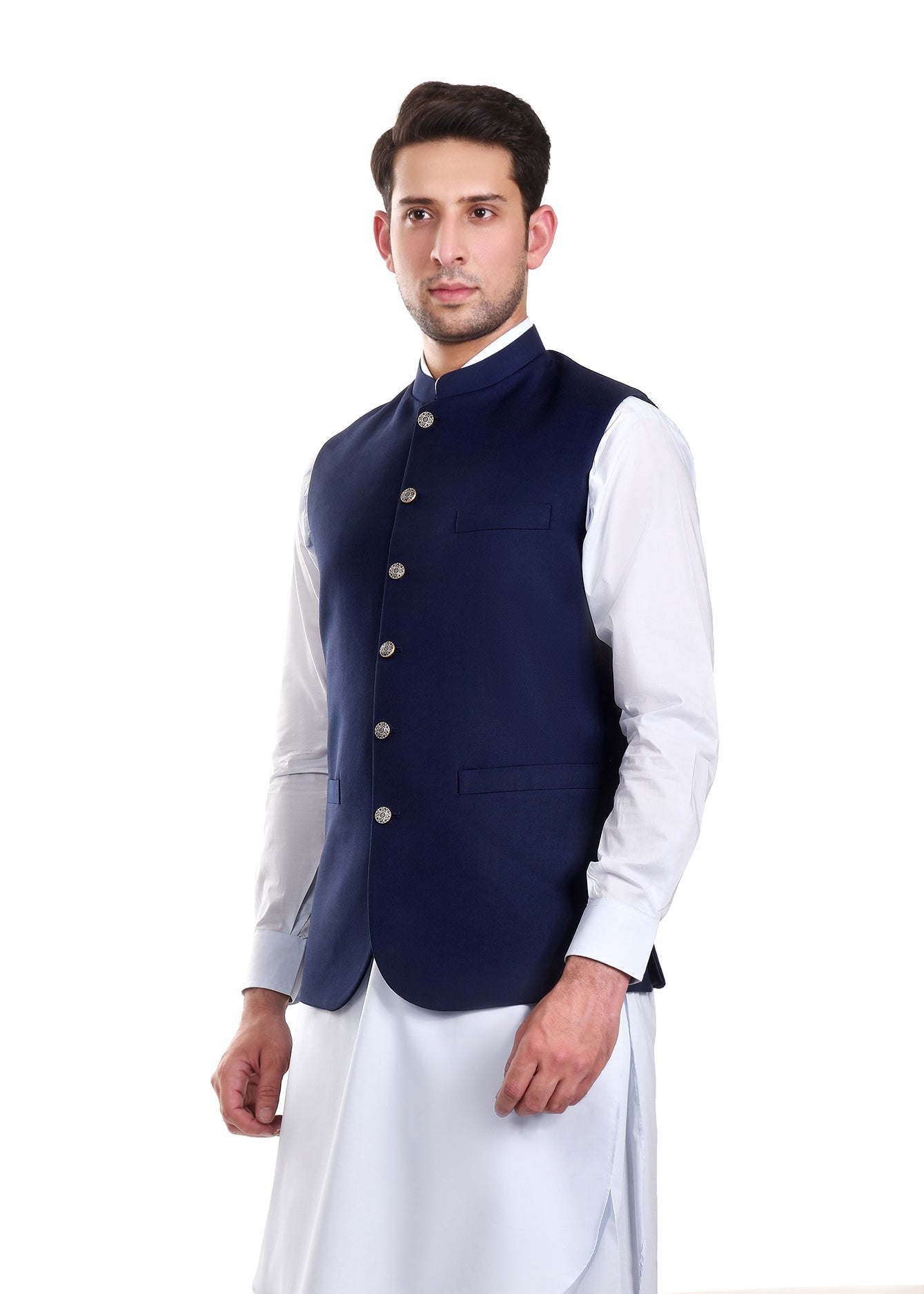 Navy sleeveless waist coat with button placket and chest welt pockets